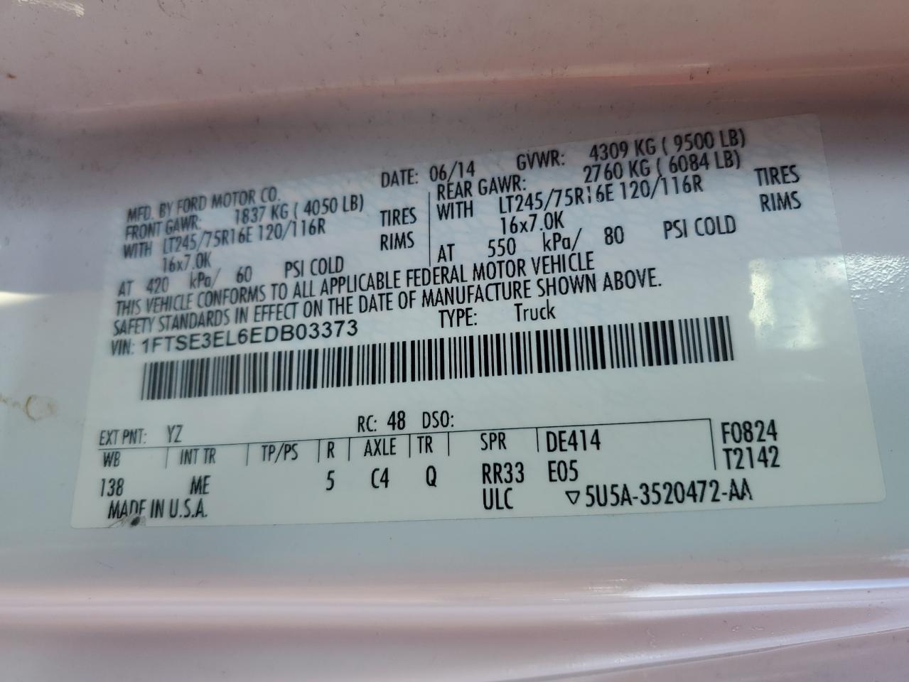 2014 Ford Econoline E350 Super Duty Van VIN: 1FTSE3EL6EDB03373 Lot: 71280845