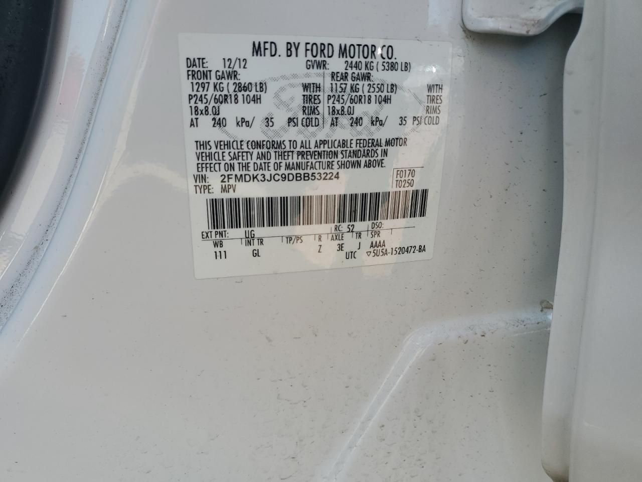 2013 Ford Edge Sel VIN: 2FMDK3JC9DBB53224 Lot: 72030035