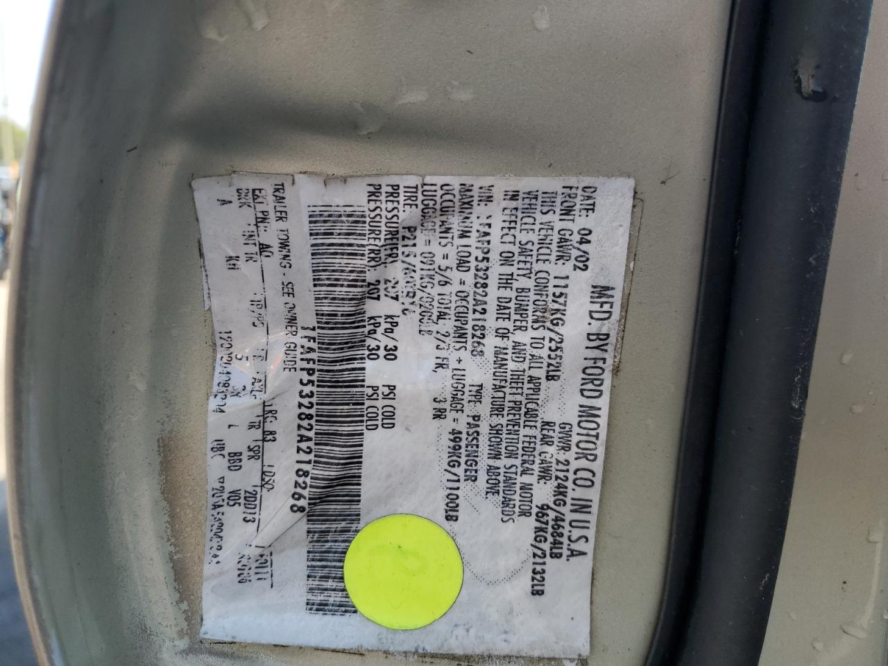2002 Ford Taurus Se VIN: 1FAFP53282A218268 Lot: 80199815