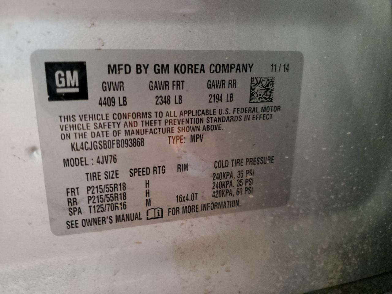 2015 Buick Encore VIN: KL4CJGSB0FB093868 Lot: 82029985