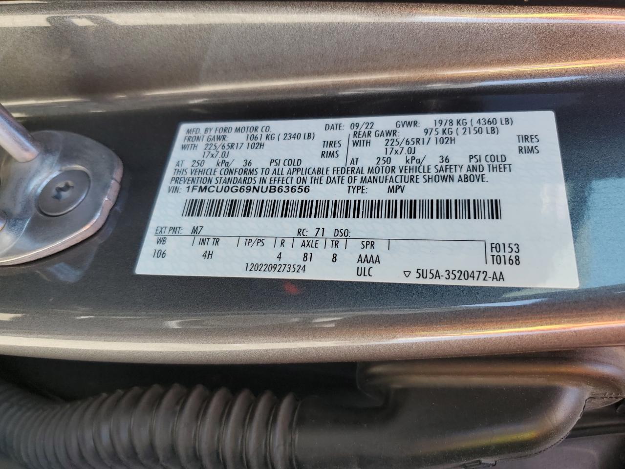 2022 Ford Escape Se VIN: 1FMCU0G69NUB63656 Lot: 71854035