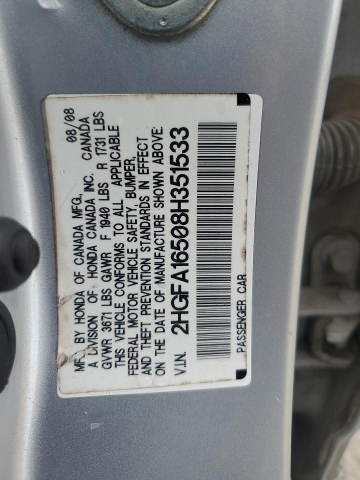 2008 Honda Civic Lx VIN: 2HGFA16508H351533 Lot: 80302825