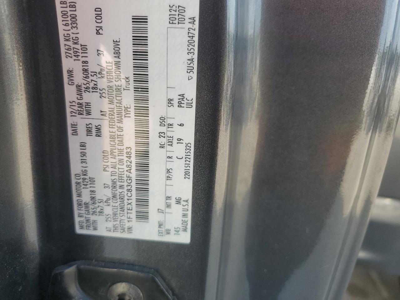 2016 Ford F150 Super Cab VIN: 1FTEX1C83GFA82483 Lot: 81385855