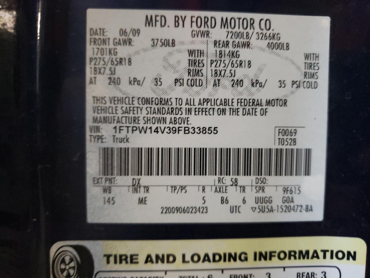 2009 Ford F150 Supercrew VIN: 1FTPW14V39FB33855 Lot: 81943355