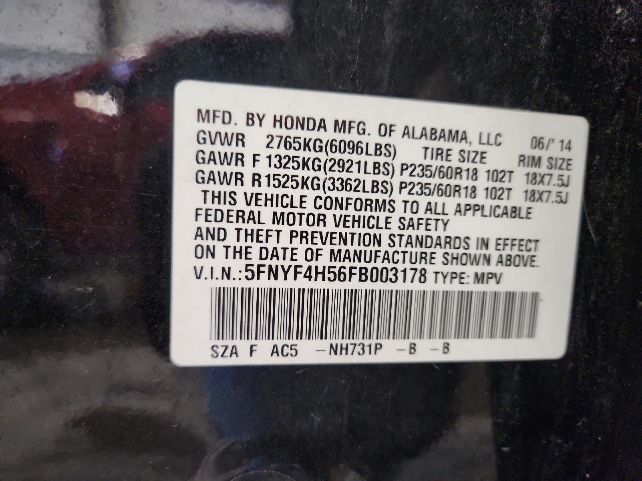 2015 Honda Pilot Exl VIN: 5FNYF4H56FB003178 Lot: 80370435