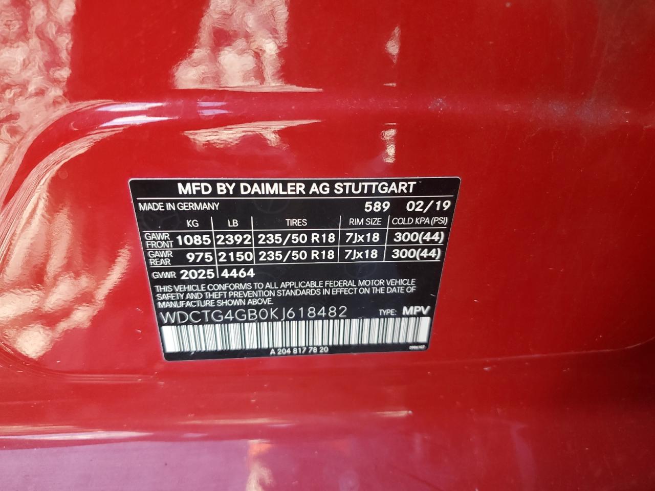 2019 Mercedes-Benz Gla 250 4Matic VIN: WDCTG4GB0KJ618482 Lot: 80884195