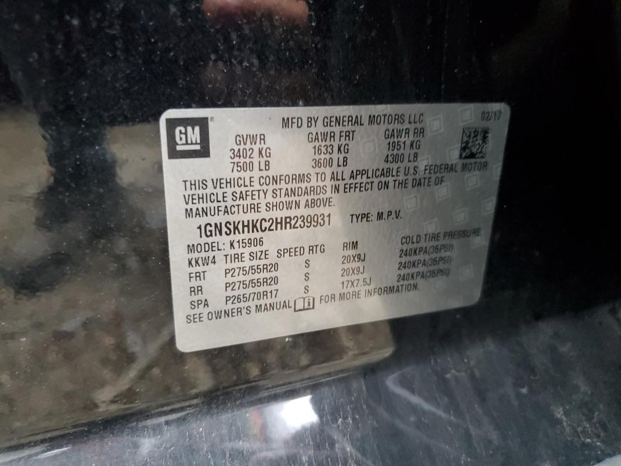 2017 Chevrolet Suburban K1500 Lt VIN: 1GNSKHKC2HR239931 Lot: 84542685