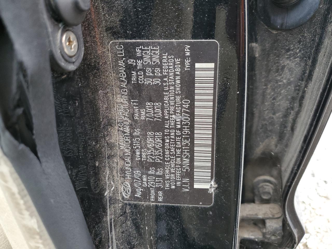 2009 Hyundai Santa Fe Se VIN: 5NMSH13E19H307740 Lot: 82149035