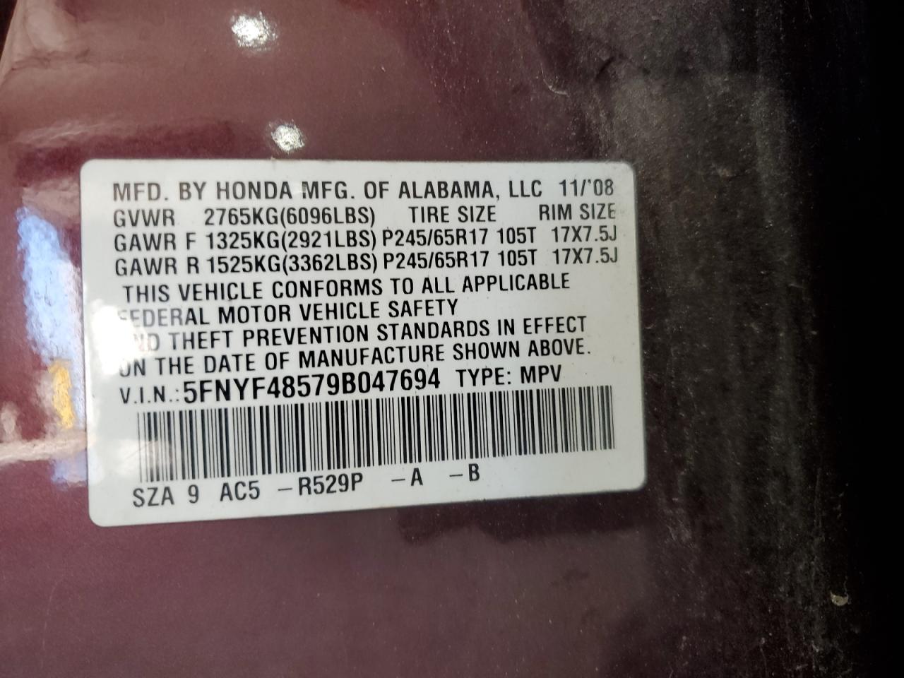 2009 Honda Pilot Exl VIN: 5FNYF48579B047694 Lot: 71013095