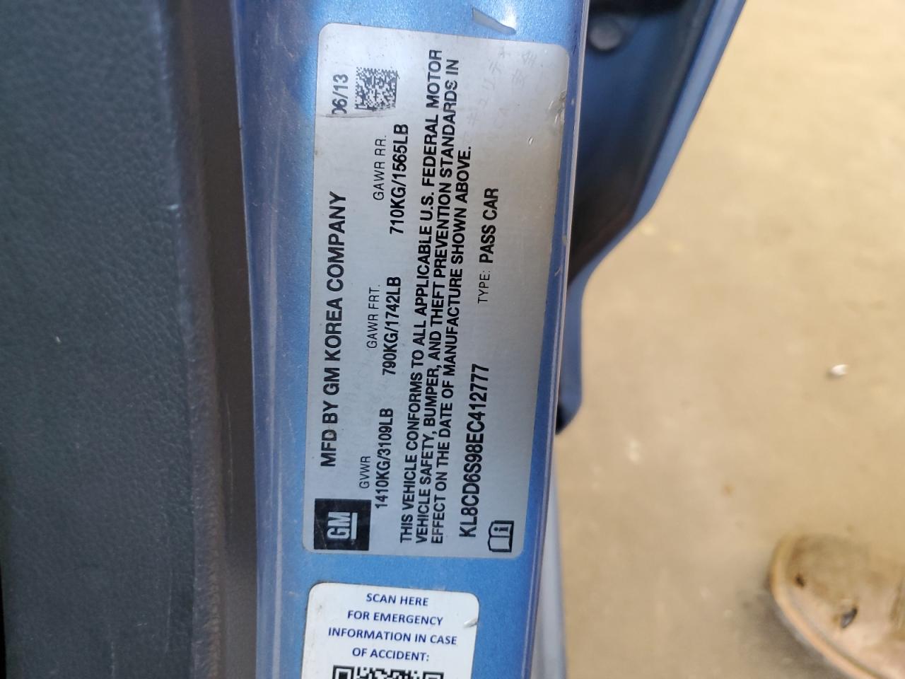 2014 Chevrolet Spark 1Lt VIN: KL8CD6S98EC412777 Lot: 82040785