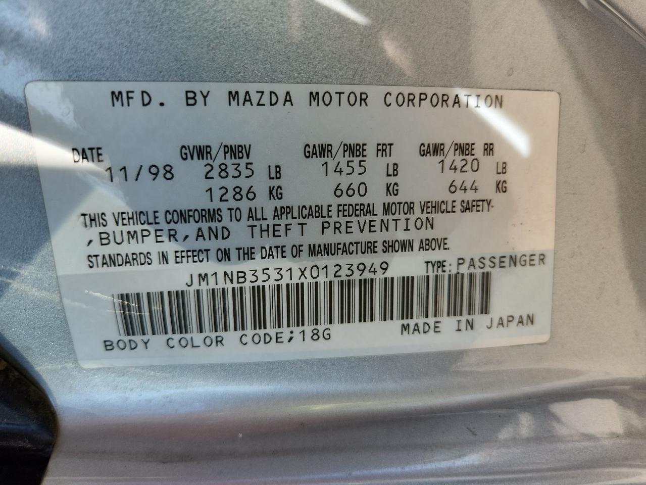 1999 Mazda Mx-5 Miata VIN: JM1NB3531X0123949 Lot: 80321185