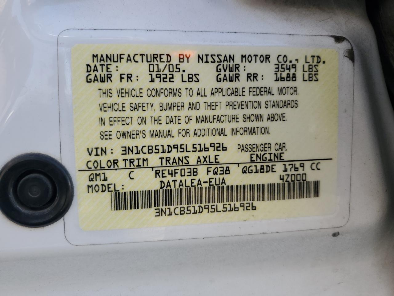 2005 Nissan Sentra 1.8 VIN: 3N1CB51D95L516926 Lot: 81105465