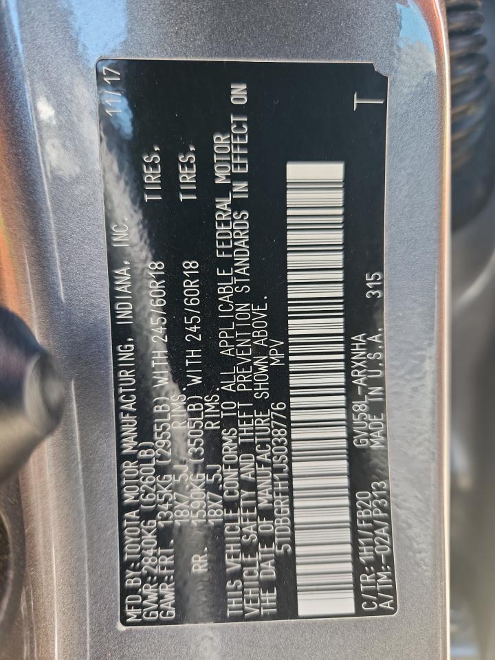 2018 Toyota Highlander Hybrid VIN: 5TDBGRFH1JS038776 Lot: 81881635