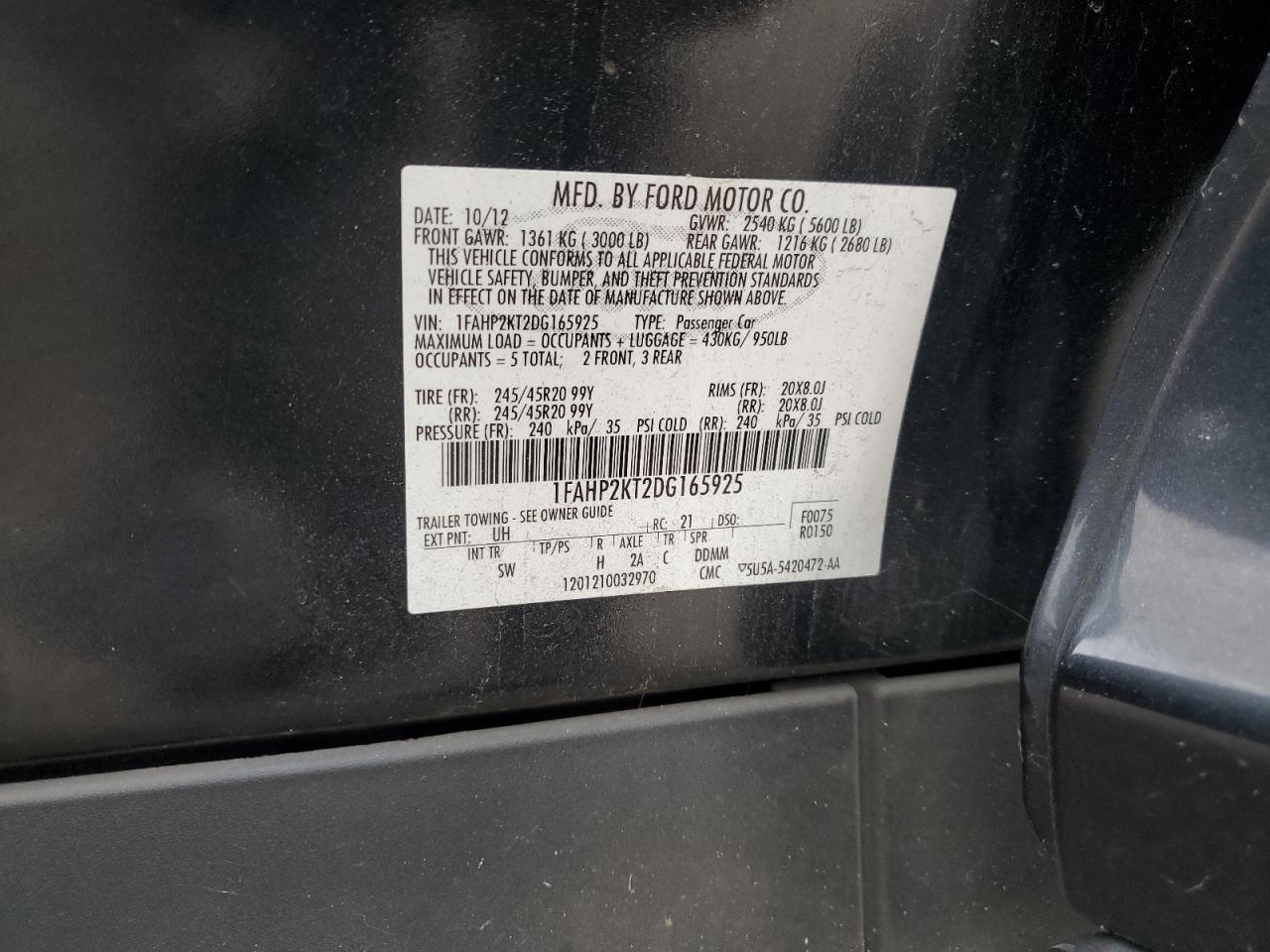 2013 Ford Taurus Sho VIN: 1FAHP2KT2DG165925 Lot: 80554995