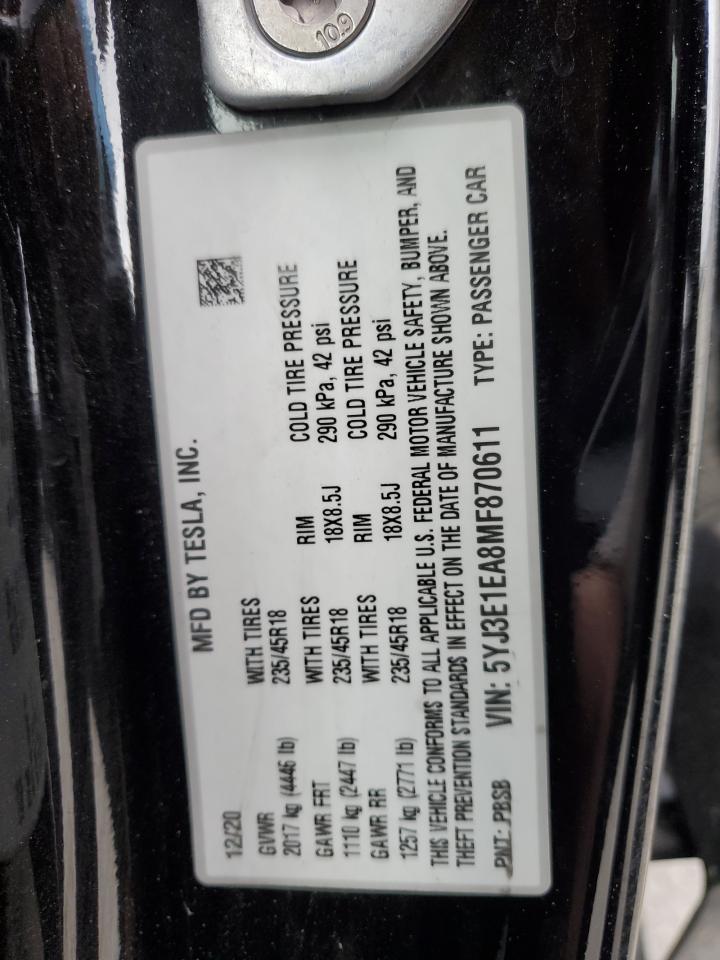 2021 Tesla Model 3 VIN: 5YJ3E1EA8MF870611 Lot: 84243205