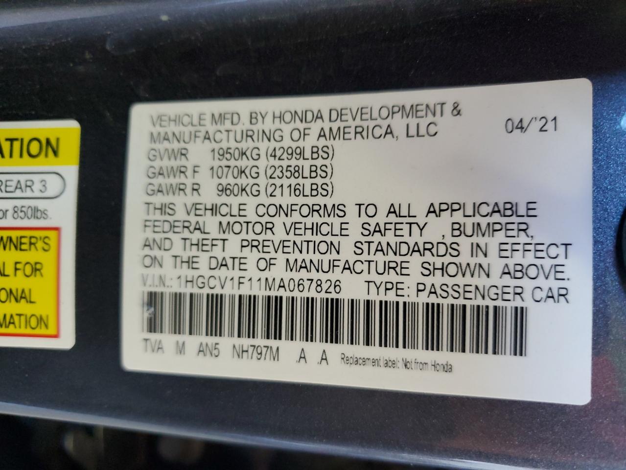 2021 Honda Accord Lx VIN: 1HGCV1F11MA067826 Lot: 80711365