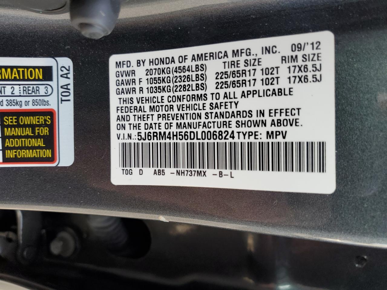 2013 Honda Cr-V Ex VIN: 5J6RM4H56DL006824 Lot: 81838505