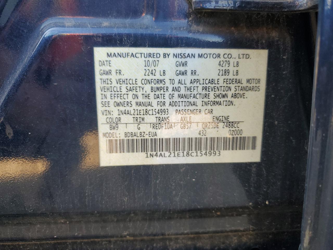 2008 Nissan Altima 2.5 VIN: 1N4AL21E18C154993 Lot: 84008105