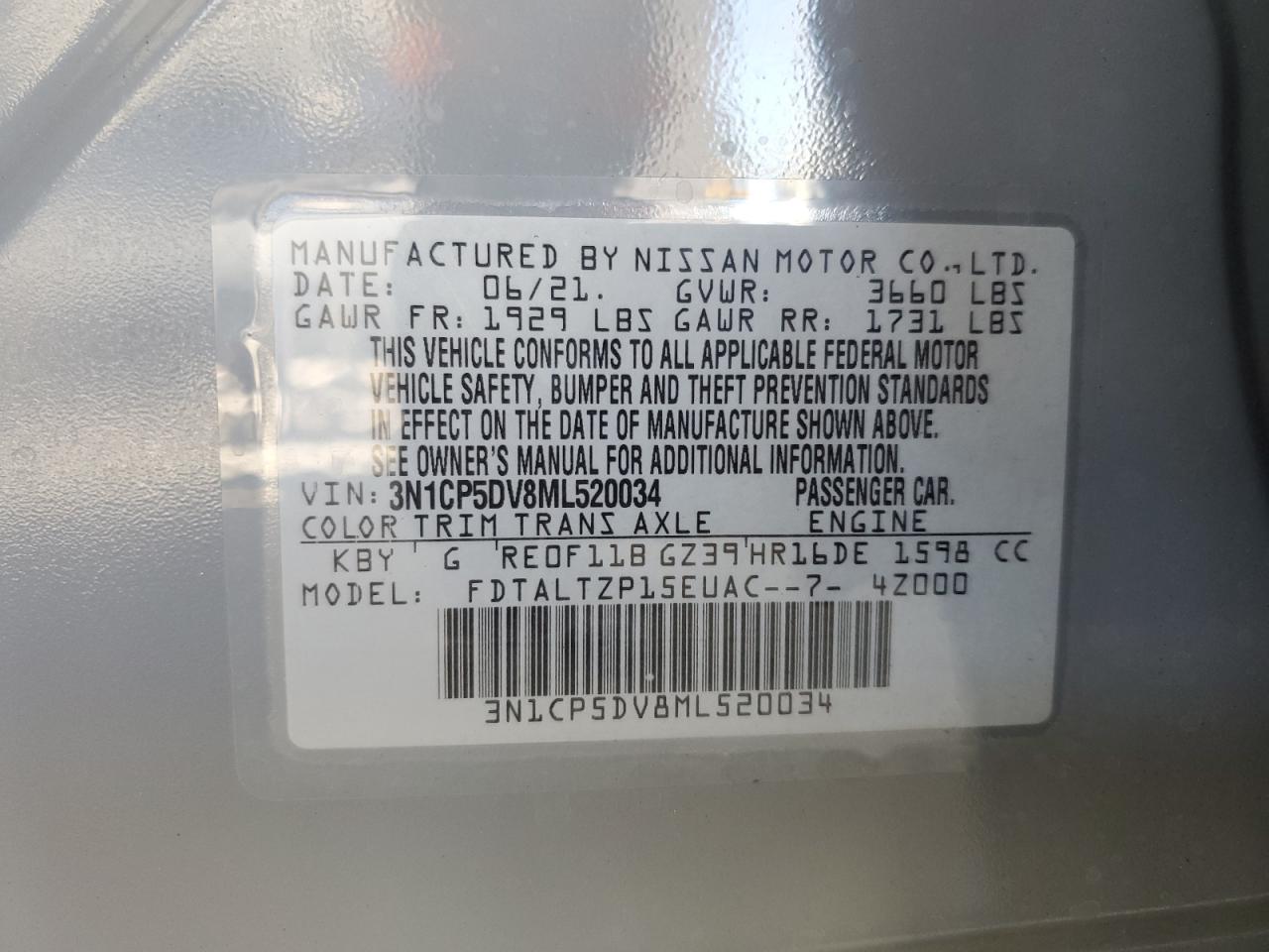 2021 Nissan Kicks Sr VIN: 3N1CP5DV8ML520034 Lot: 81816935