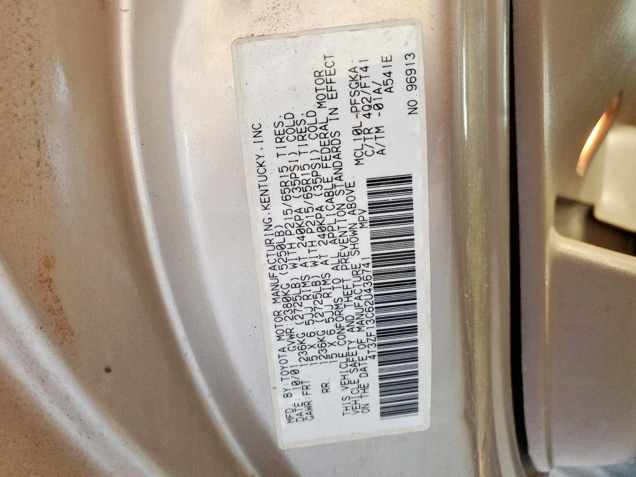 2002 Toyota Sienna Le VIN: 4T3ZF13C62U436741 Lot: 71848045