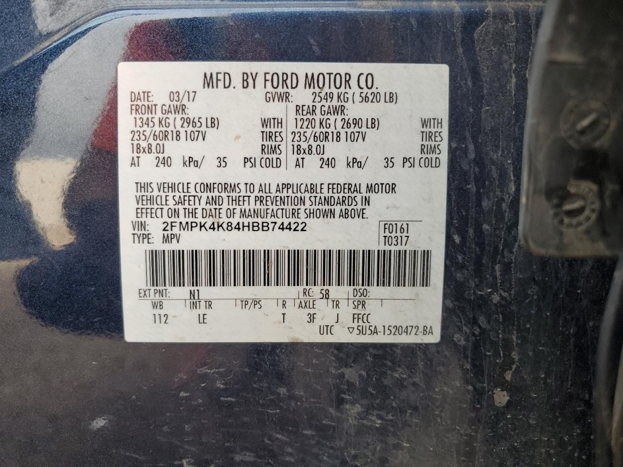 2017 Ford Edge Titanium VIN: 2FMPK4K84HBB74422 Lot: 71063445