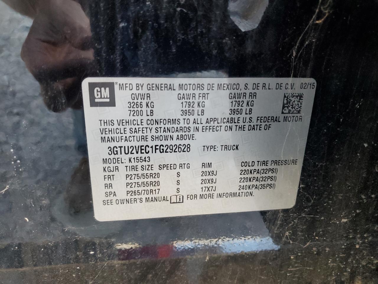 2015 GMC Sierra K1500 Slt VIN: 3GTU2VEC1FG292628 Lot: 70754945