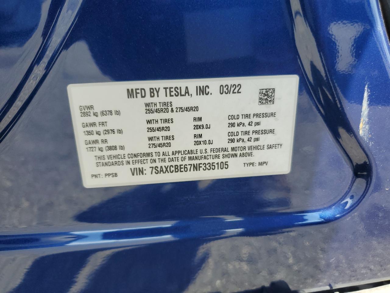 2022 Tesla Model X VIN: 7SAXCBE67NF335105 Lot: 80842065