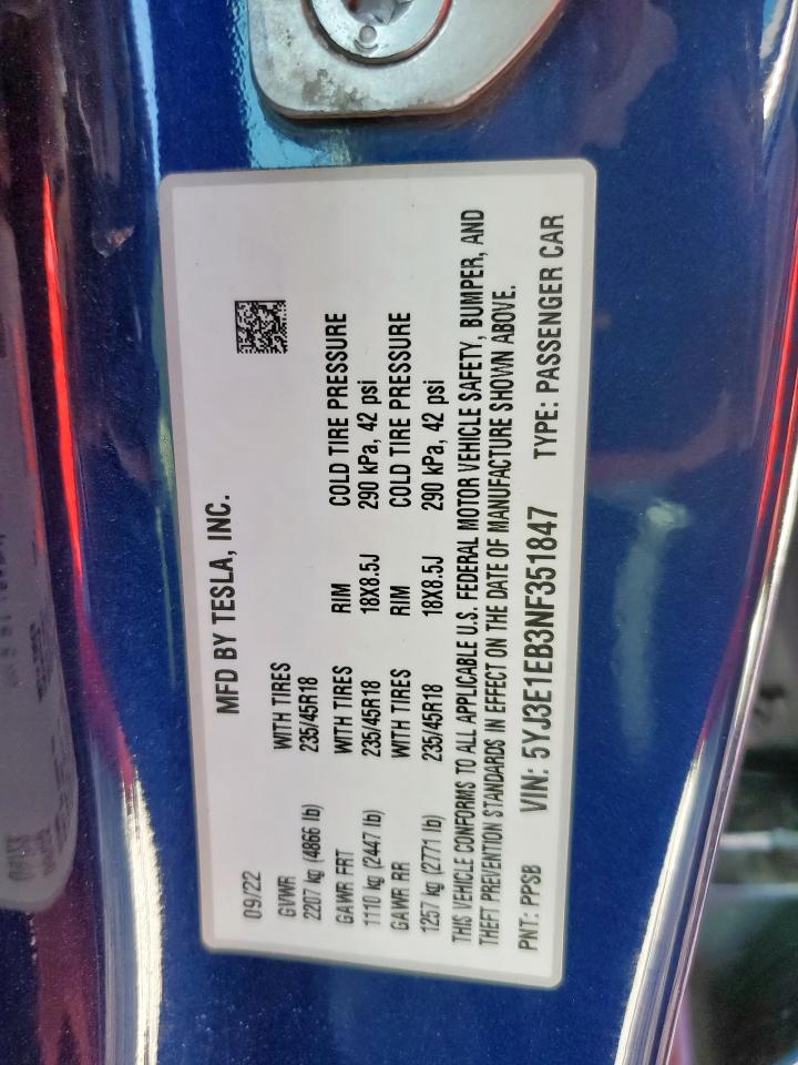 2022 Tesla Model 3 VIN: 5YJ3E1EB3NF351847 Lot: 82071095