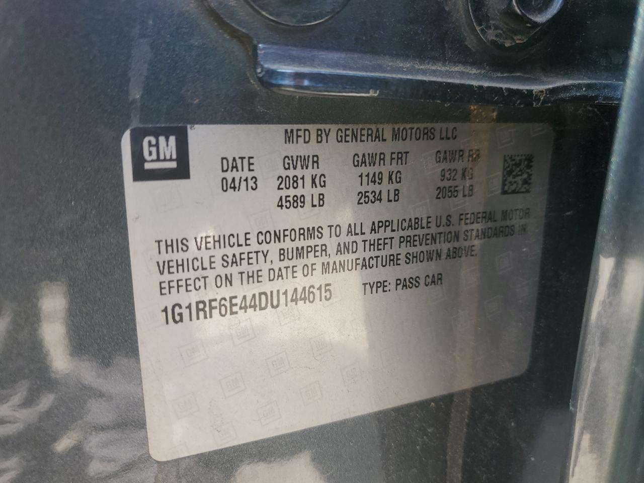 2013 Chevrolet Volt VIN: 1G1RF6E44DU144615 Lot: 71323065