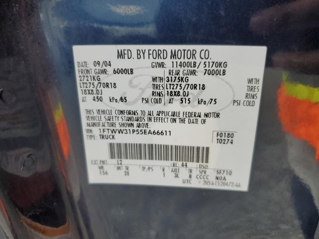 2005 Ford Super Duty F-350 W/S VIN: 1FTWW31P55EA66611 Lot: 83929265