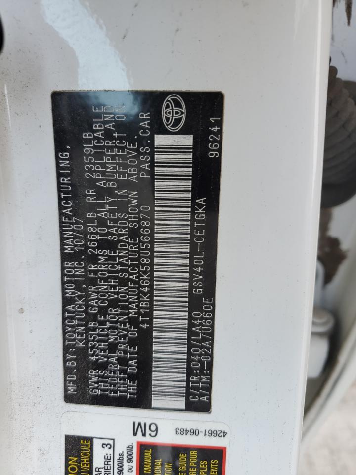 2008 Toyota Camry Le VIN: 4T1BK46K58U566870 Lot: 70500895