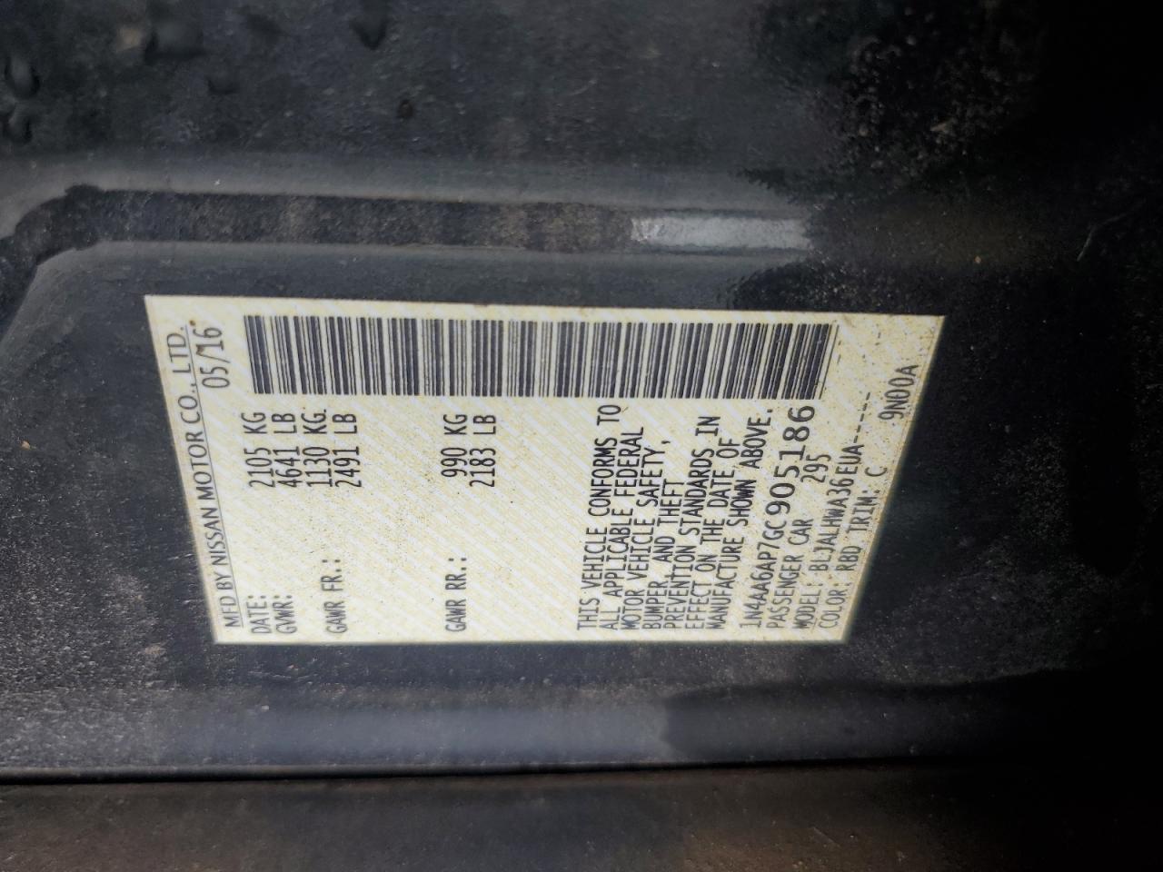 2016 Nissan Maxima 3.5S VIN: 1N4AA6AP7GC905186 Lot: 82165845