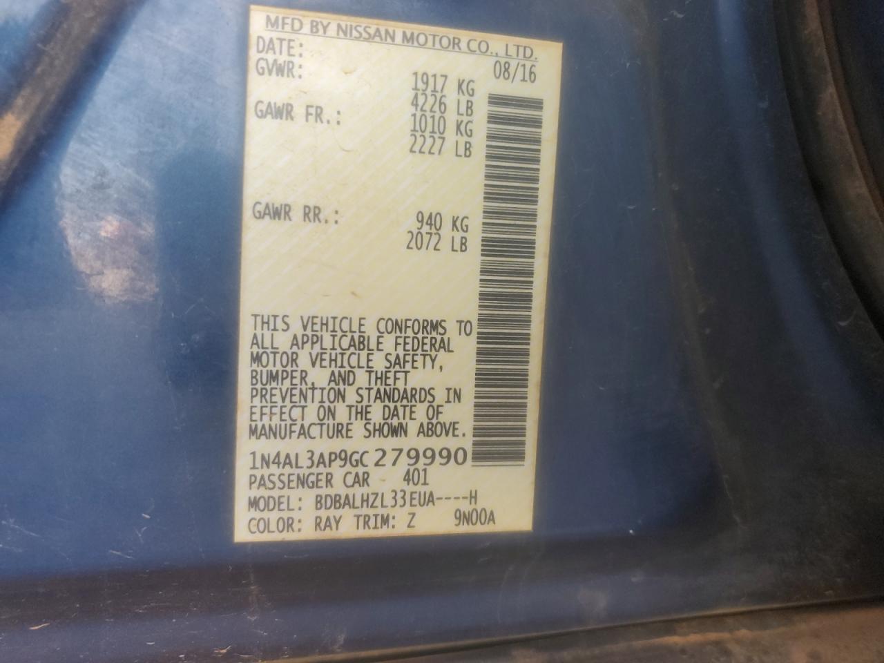 2016 Nissan Altima 2.5 VIN: 1N4AL3AP9GC279990 Lot: 81627315