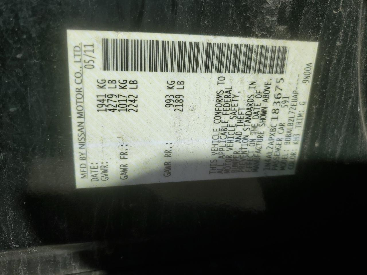 2011 Nissan Altima Base VIN: 1N4AL2APXBC183675 Lot: 80181035