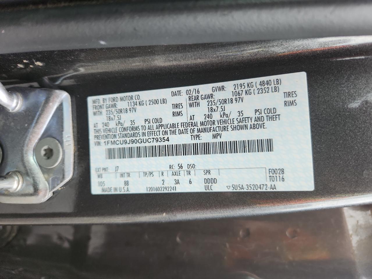 2016 Ford Escape Titanium VIN: 1FMCU9J90GUC79354 Lot: 81427145