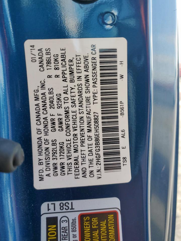 2014 Honda Civic Ex VIN: 2HGFG3B86EH508827 Lot: 84402025