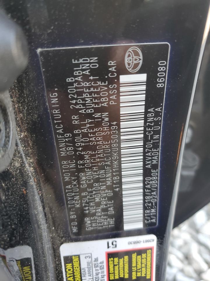 2019 Toyota Camry L VIN: 4T1B11HK9KU850394 Lot: 83854555
