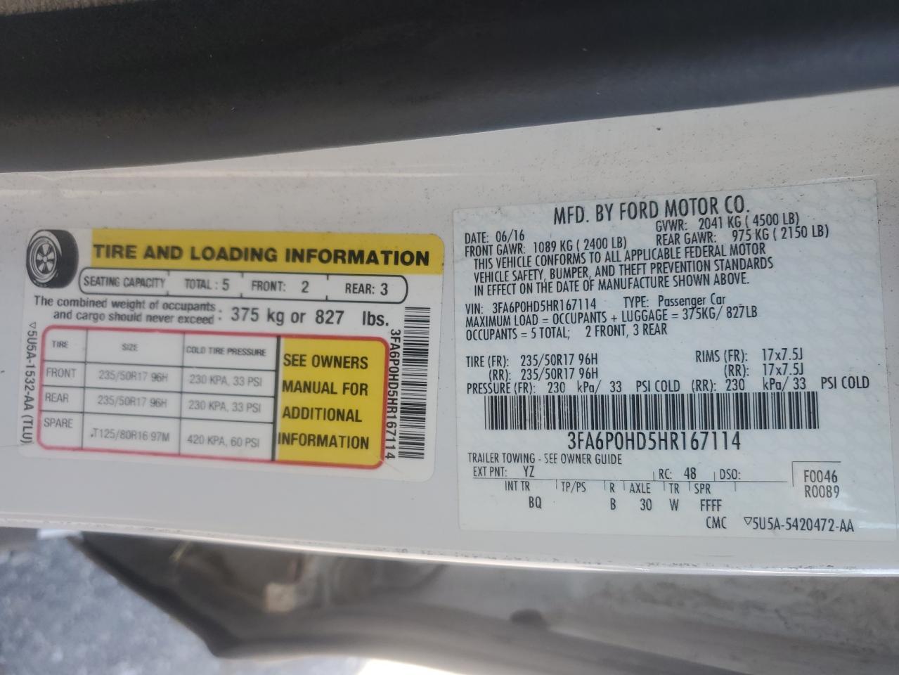 2017 Ford Fusion Se VIN: 3FA6P0HD5HR167114 Lot: 80246495