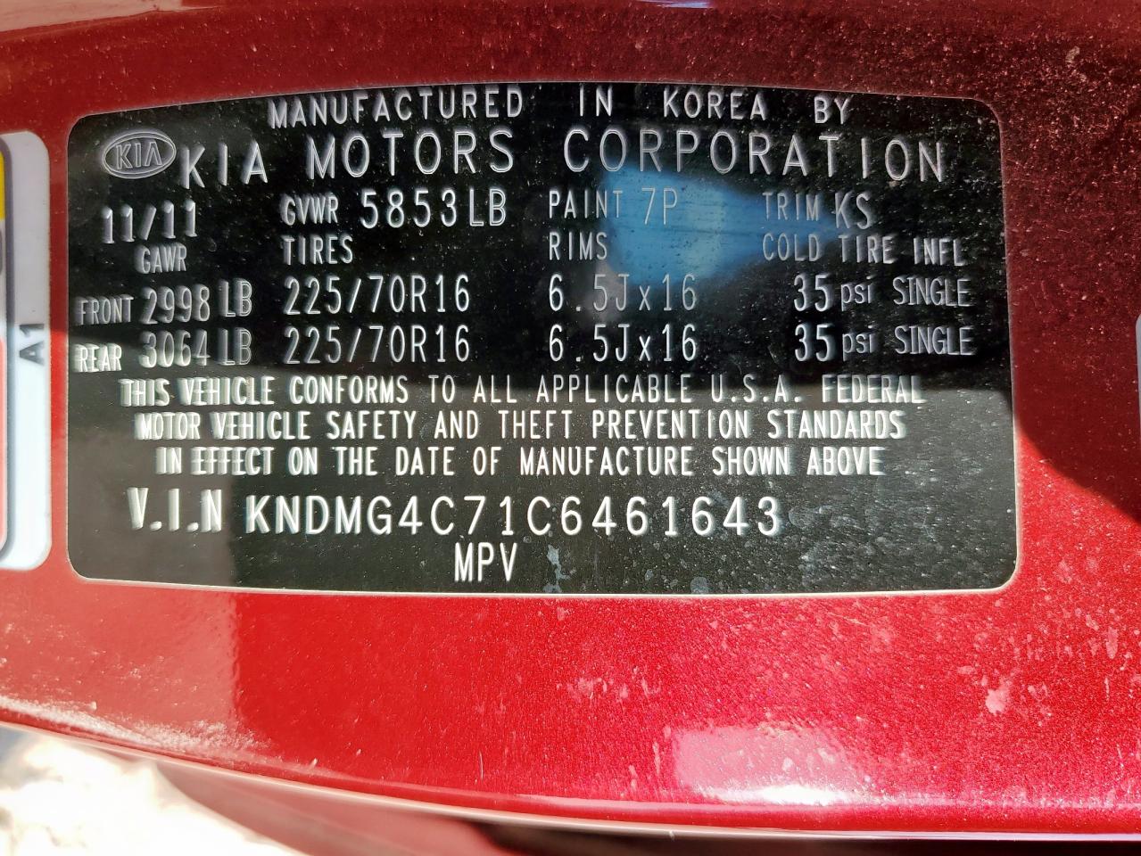 2012 Kia Sedona Lx VIN: KNDMG4C71C6461643 Lot: 80718615