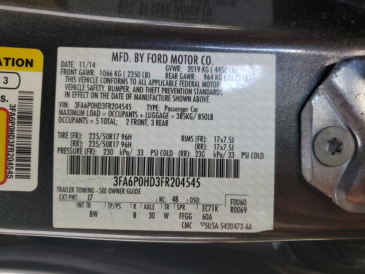 2015 Ford Fusion VIN: 3FA6P0HD3FR204545 Lot: 81787165