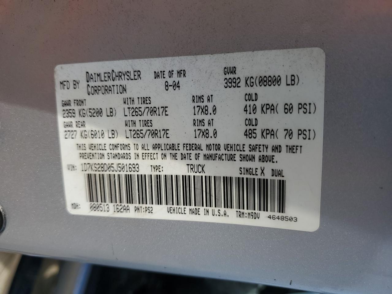 2005 Dodge Ram 2500 St VIN: 1D7KS28D05J501693 Lot: 81736595