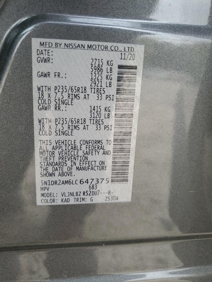 2020 Nissan Pathfinder S VIN: 5N1DR2AM6LC647375 Lot: 80176495