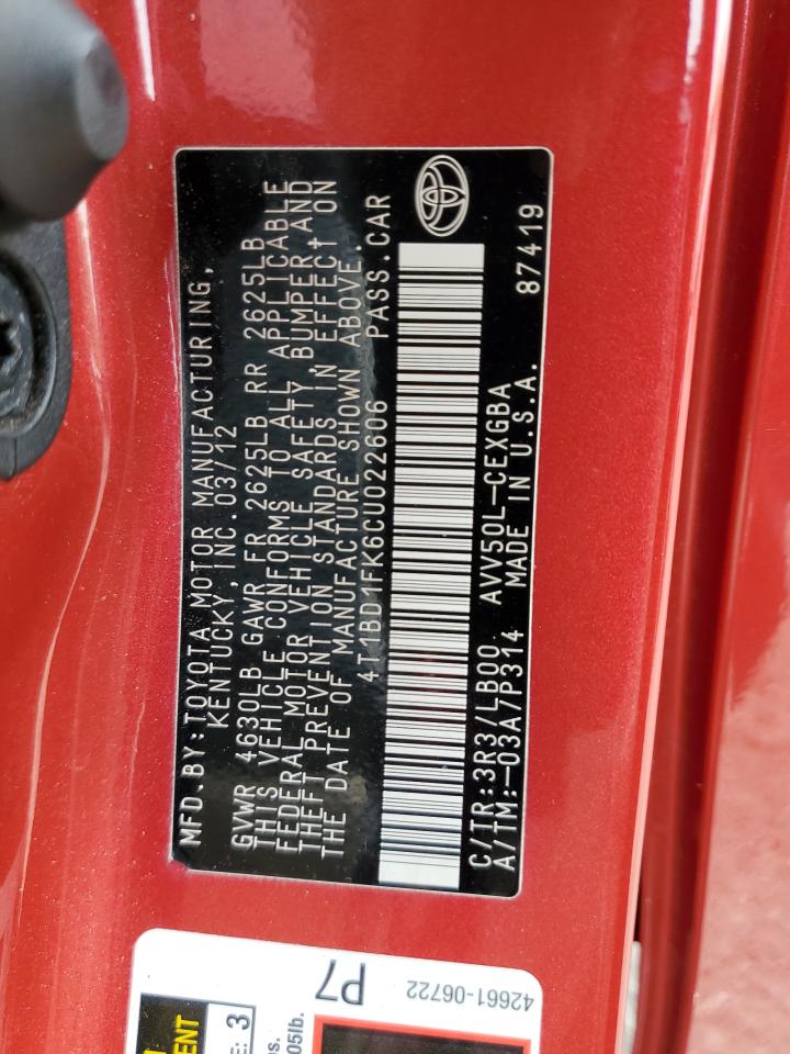 2012 Toyota Camry Hybrid VIN: 4T1BD1FK6CU022606 Lot: 84622915