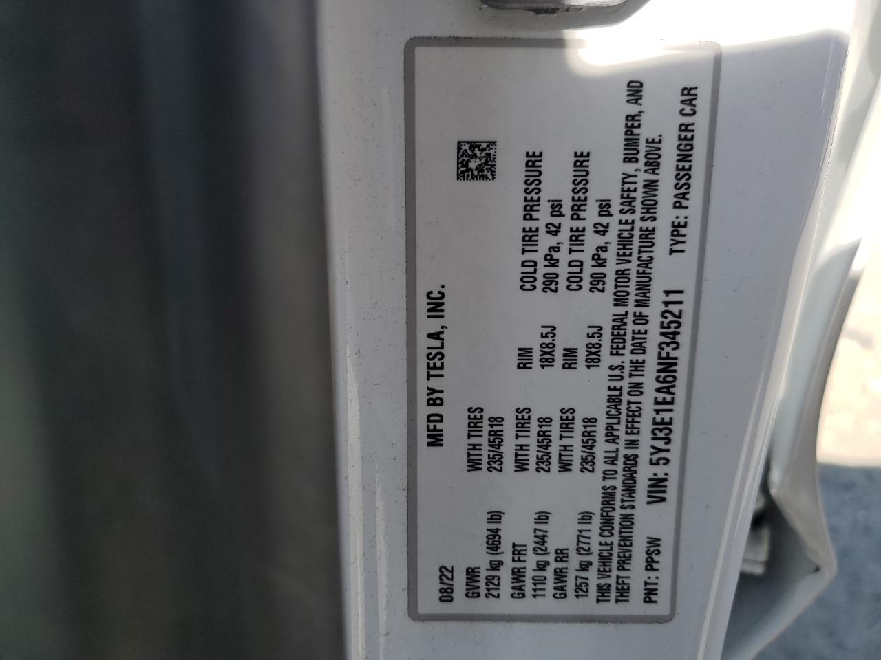 2022 Tesla Model 3 VIN: 5YJ3E1EA6NF345211 Lot: 81209005