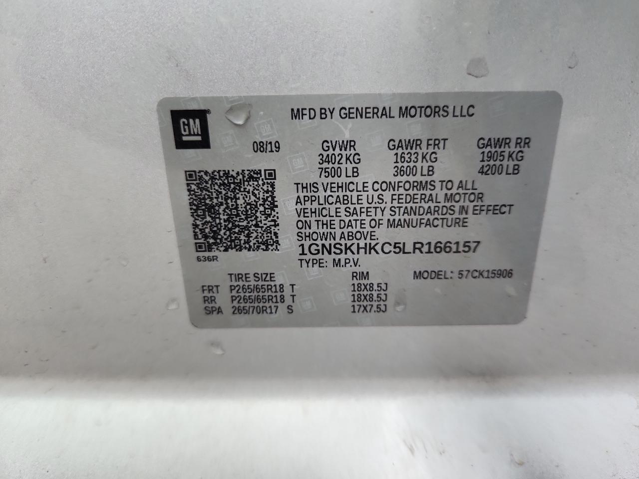 2020 Chevrolet Suburban K1500 Lt VIN: 1GNSKHKC5LR166157 Lot: 71850165