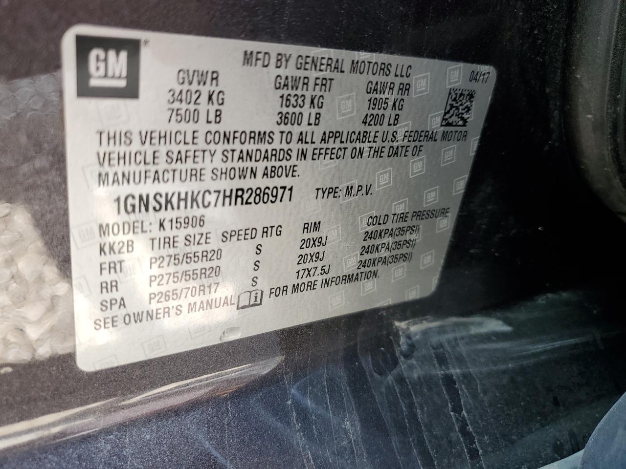 2017 Chevrolet Suburban K1500 Lt VIN: 1GNSKHKC7HR286971 Lot: 71402155