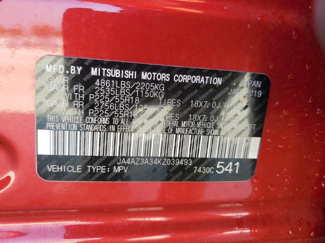 2019 Mitsubishi Outlander Se VIN: JA4AZ3A34KZ039493 Lot: 72083245