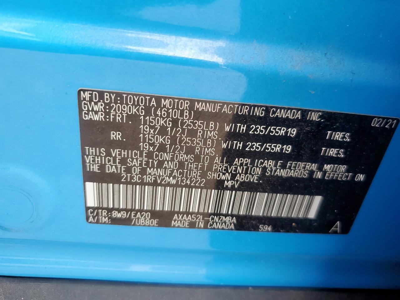 2021 Toyota Rav4 Xle Premium VIN: 2T3C1RFV2MW134222 Lot: 83809295