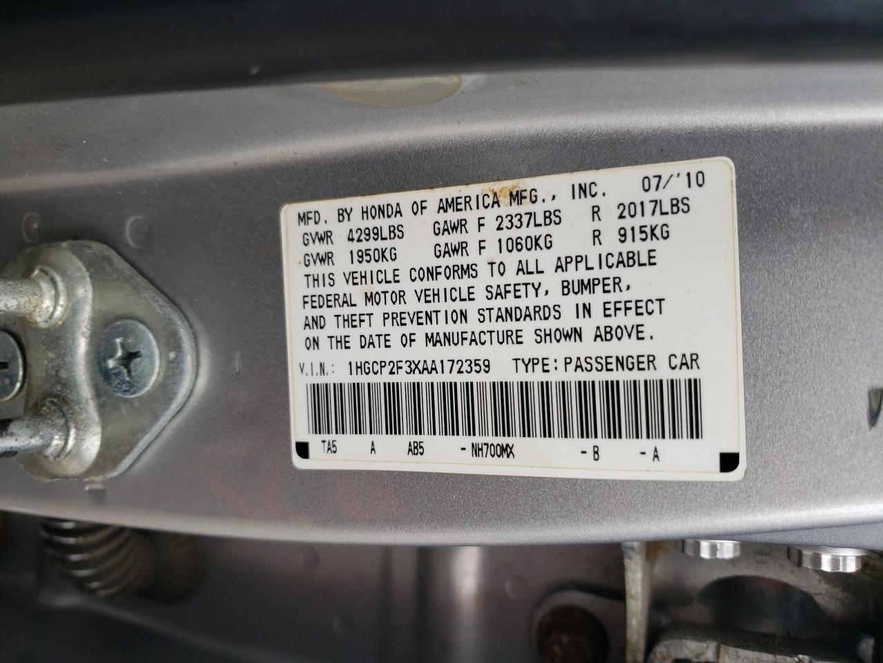 2010 Honda Accord Lx VIN: 1HGCP2F3XAA172359 Lot: 82043085