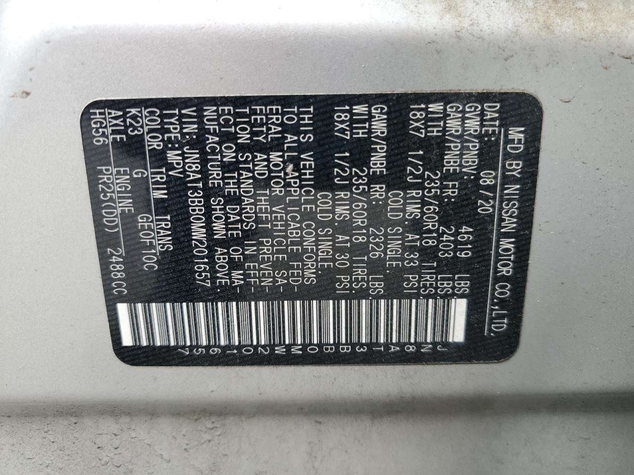 2021 Nissan Rogue Sv VIN: JN8AT3BB0MW201657 Lot: 84593065